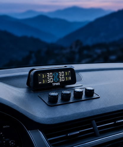 Solar TPMS Tire Pressure Monitor — 4 External Sensors for RV, Trailer, Truck & Car