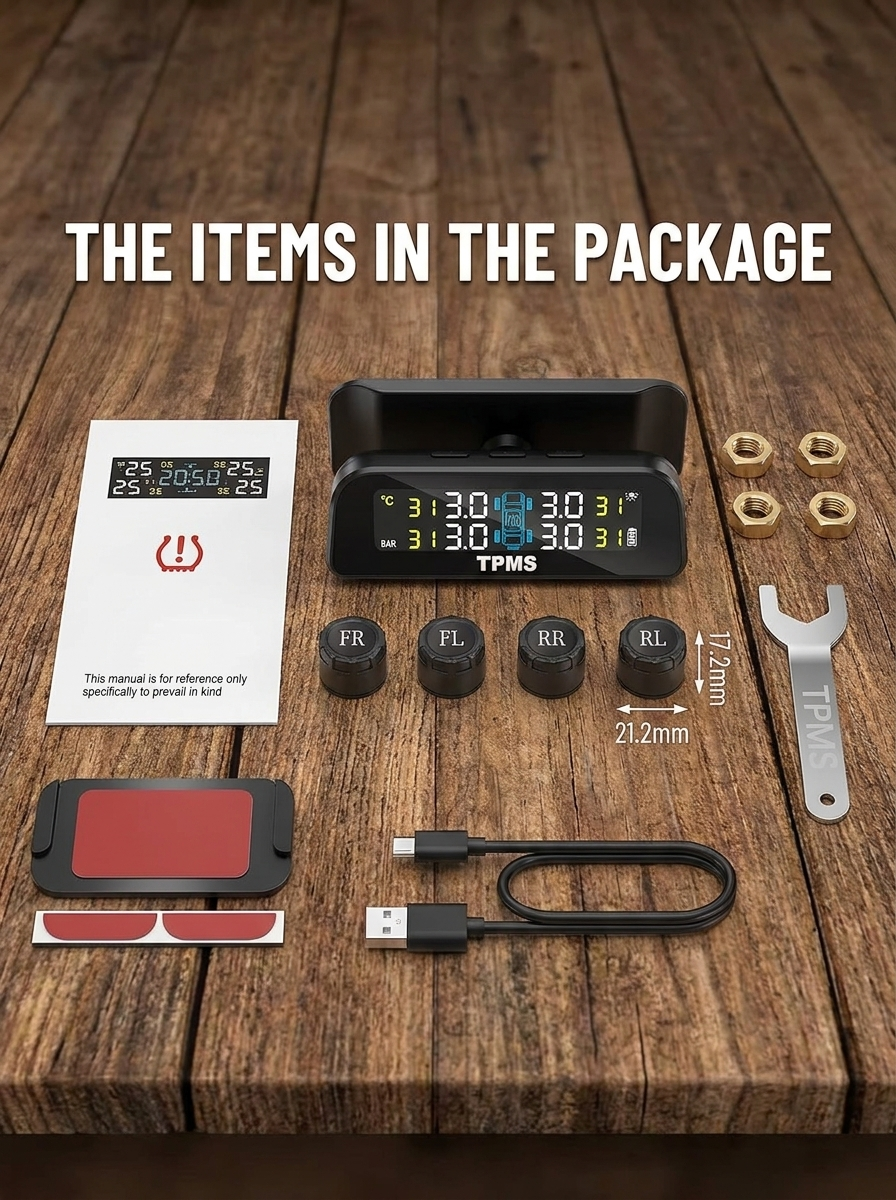 Solar TPMS Tire Pressure Monitor — 4 External Sensors for RV, Trailer, Truck & Car