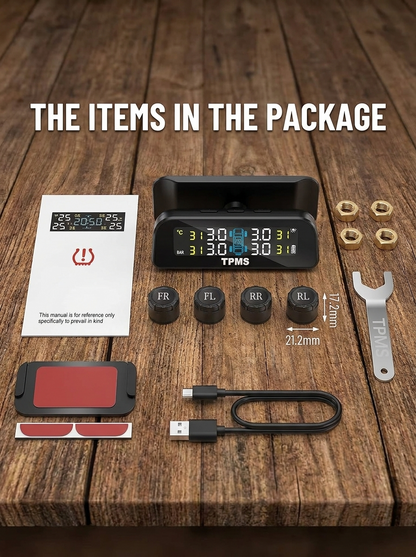 Solar TPMS Tire Pressure Monitor — 4 External Sensors for RV, Trailer, Truck & Car